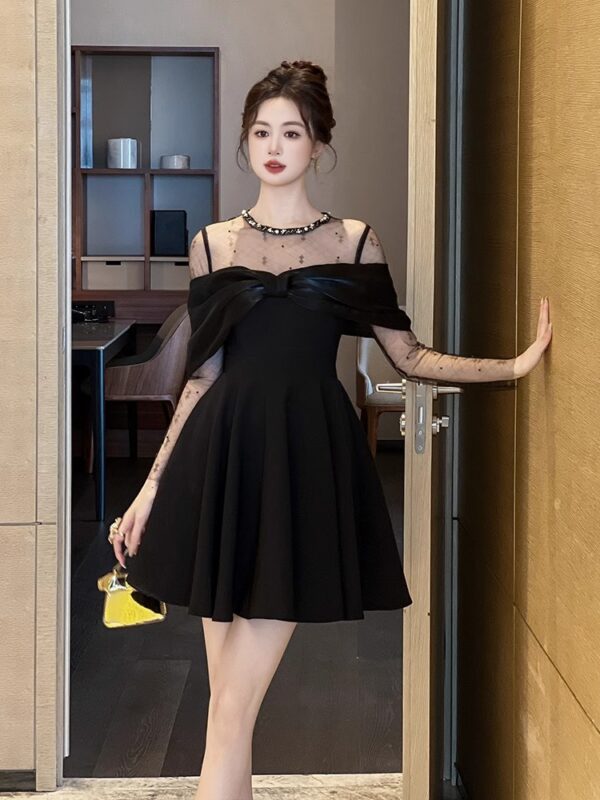 【Original Design】High waist A-line dress with autumn and winter slim high-end bow temperament short skirt small black skirt - Image 4
