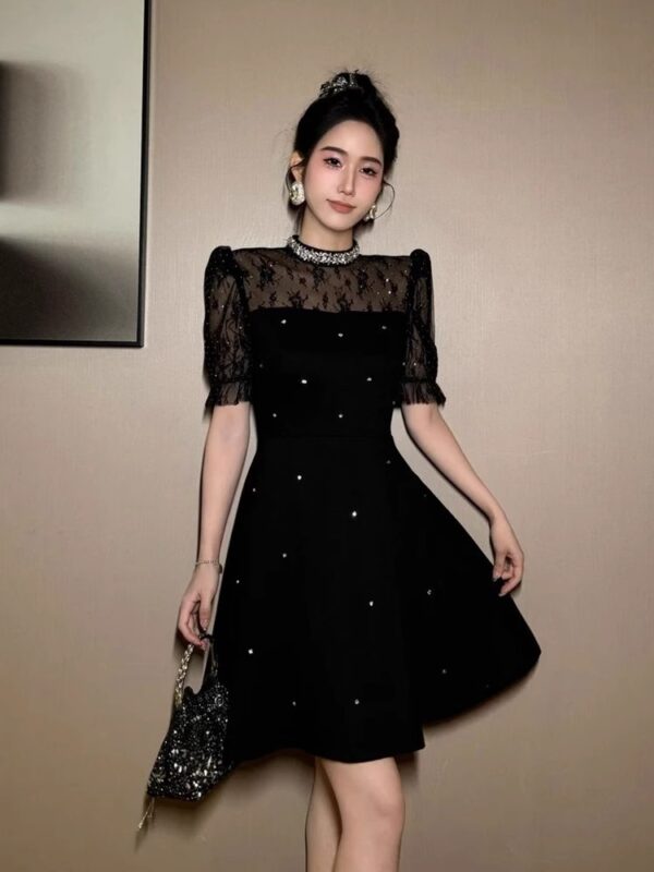 Heavy Industry Diamond Hepburn Style Lace Spliced ​​A-line Dress with waist slim and high-end temperament celebrity little black skirt - Image 4