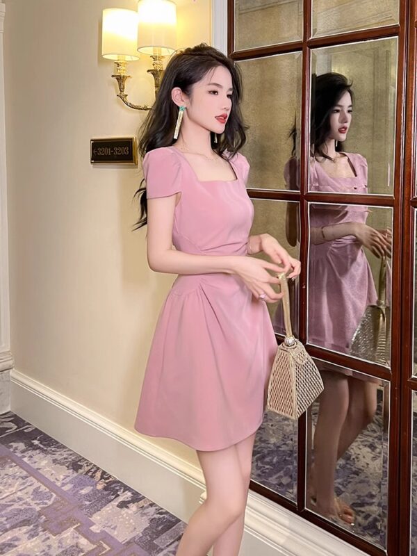 French pink square collar dress for women 2025 new summer small person looking slim and beautiful fairy skirt A-line short skirt - Image 3