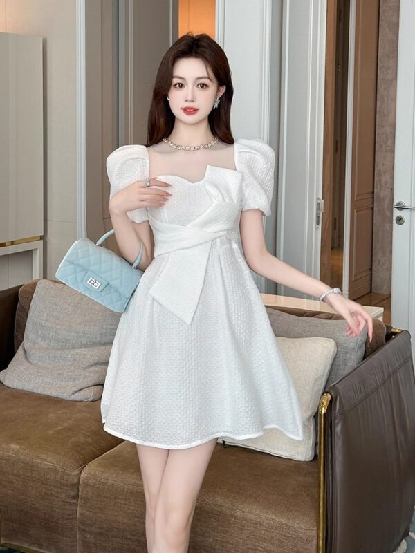 Pure first love puff sleeve white dress with short super fairy temperament goddess style sexy waist-hugging A-line white skirt - Image 4