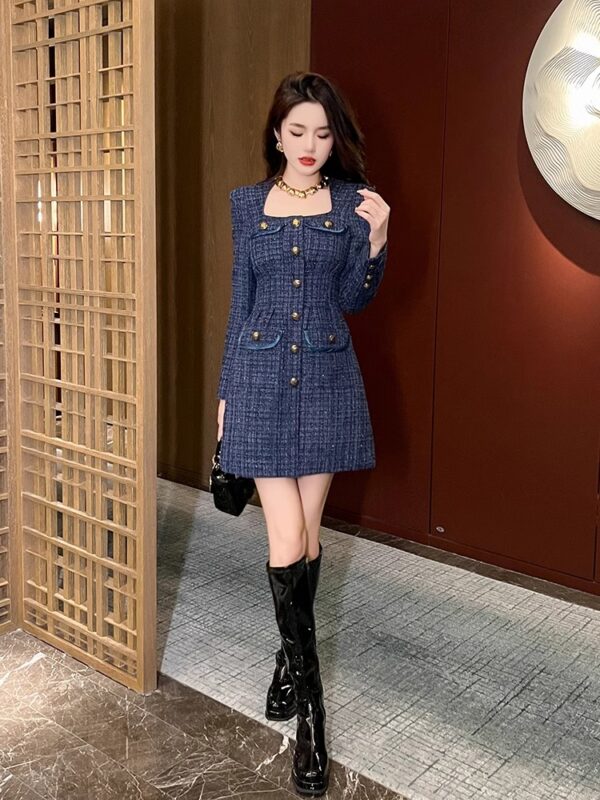 Xiaoxiangfeng long-sleeved dress 2025 new autumn and winter light luxury women's clothing slim French thick tweed hip skirt - Image 4