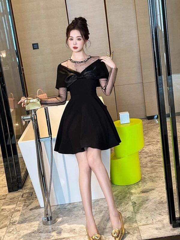 21405 small black dress for women one-shoulder dress to look slim Hepburn style small black skirt temperament A-line skirt - Image 4