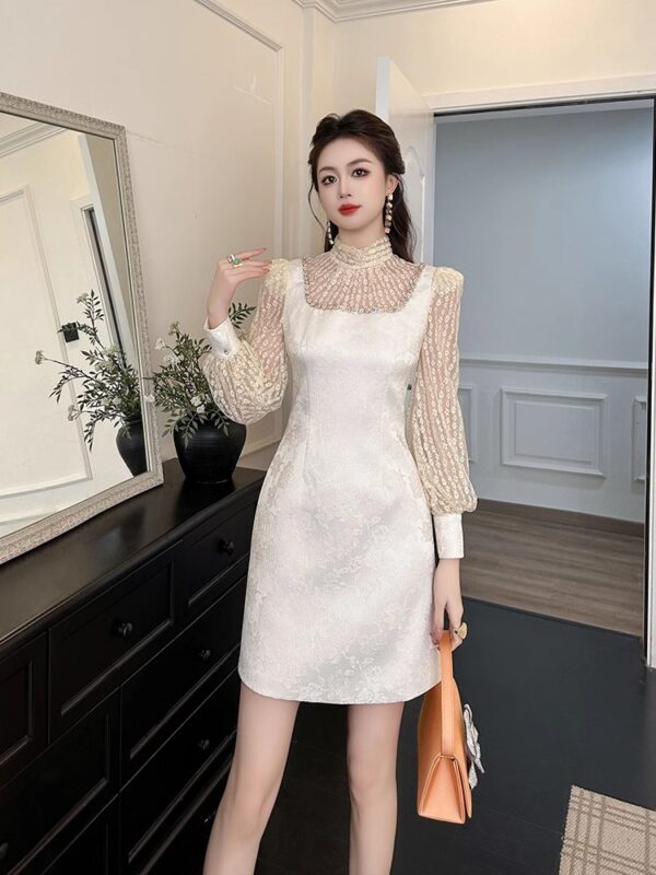 High-end light luxury dress 2025 new style for women's spring and autumn socialite temperament lantern long sleeve waist-hugging A-line princess short skirt - Image 4