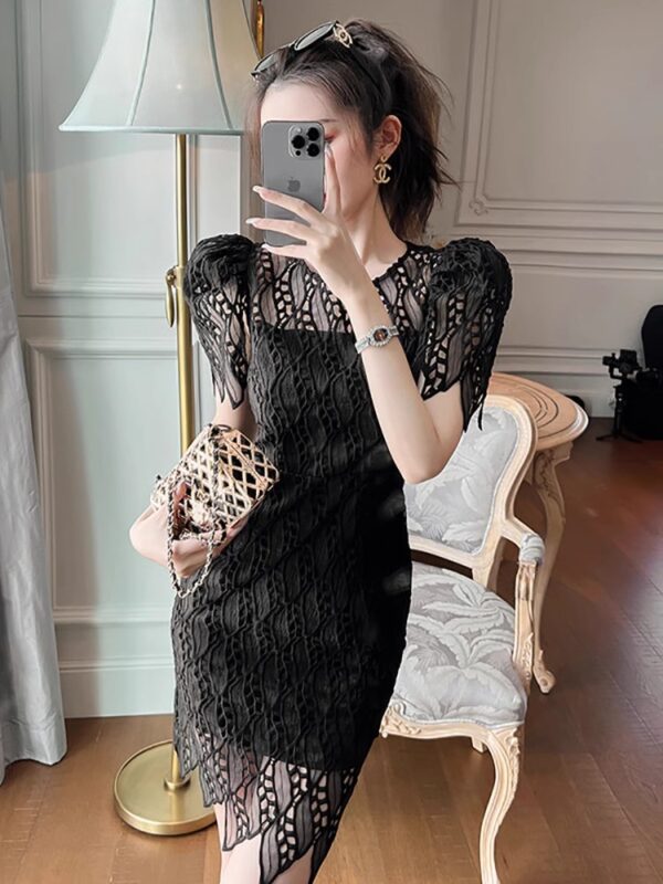 High-end Heavy Industry Puff Sleeve Water-soluble Lace Dress for Women 2025 Summer New Pure Short Hip Skirt - Image 4