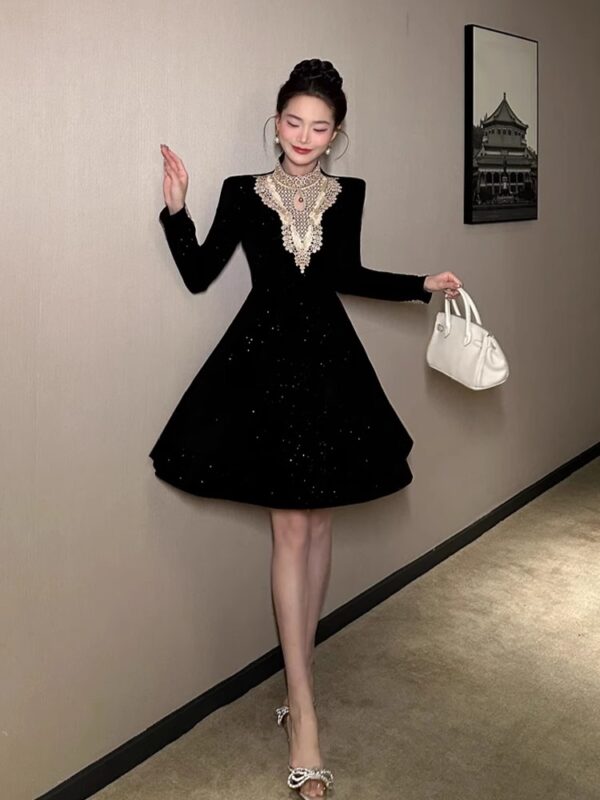 European evening dress for women 2025 new high-end style palace style small black skirt waist-hugging A-line dress early spring - Image 5