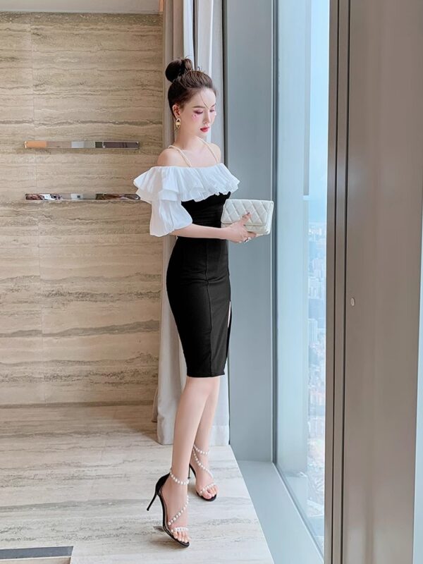 Texture and temperament Hepburn style evening dress for women with high-end party party light luxury one-shoulder suspender dress summer - Image 5