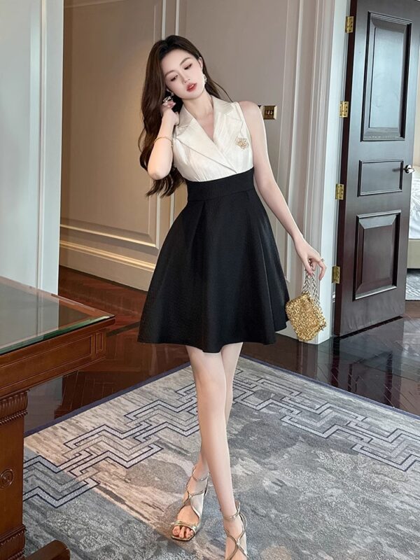 30932 fashionable contrasting dress women's commuting casual suit collar fitting waist sleeveless a-line skirt - Image 5