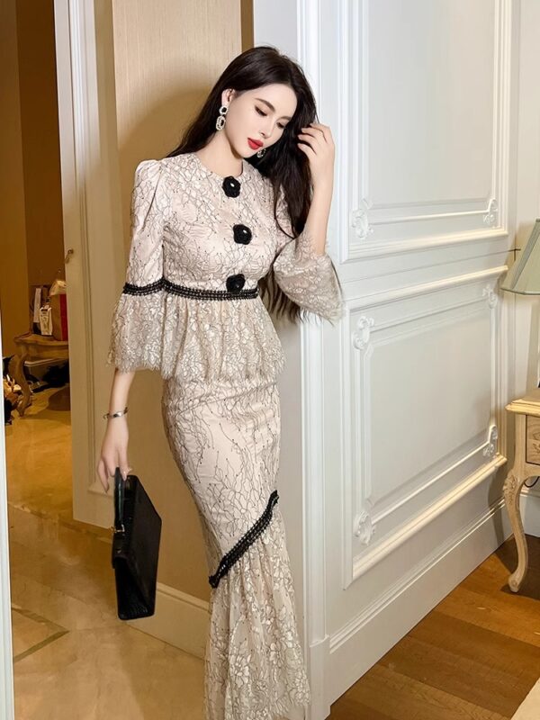 French pure and sweet ruffled flared sleeve top with hip fish tail skirt suit small fragrance style two-piece set - Image 5