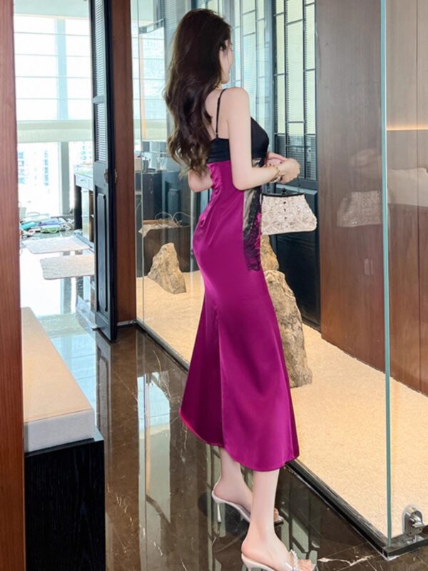 French satin purple white suspender dress with beautiful backless slit one-shoulder mid-length A-line skirt - Image 5