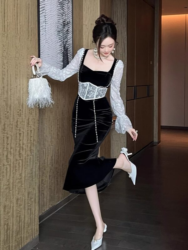 European sexy dress spring long-sleeved women's lace spliced ​​velvet square neck temperament slim hip-pack skirt - Image 5