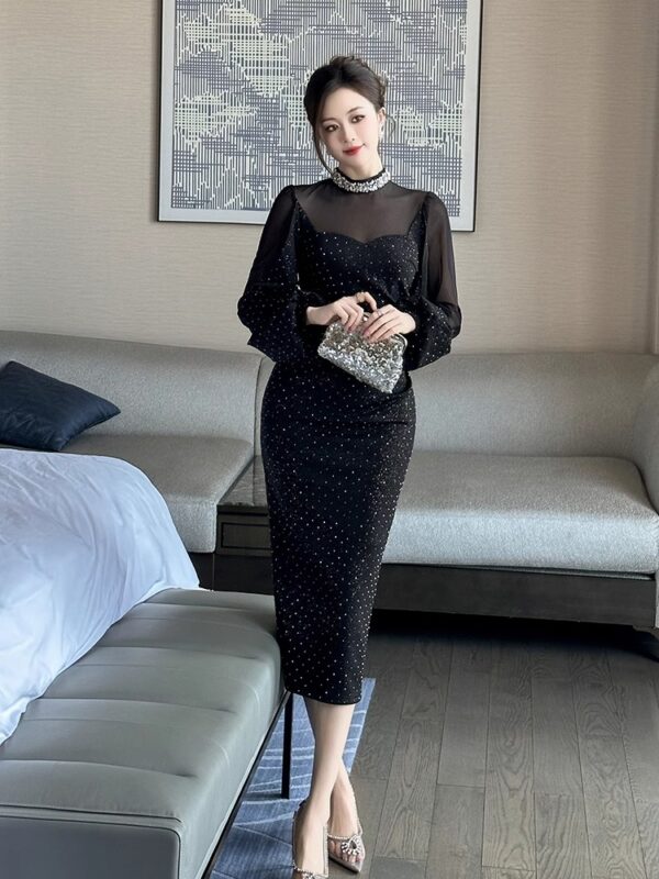 Half high neck long hip lantern sleeve ironing dress Heavy Industry 2025 spring new long-sleeved slim dress - Image 5