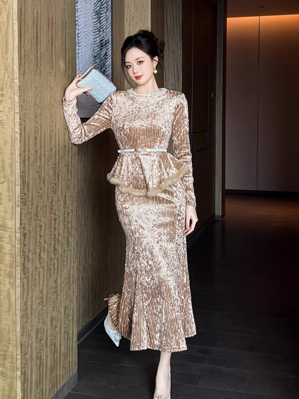 Light luxury high-end banquet evening dress for women in autumn and winter new velvet dress with waist slimming and fake two-piece fishtail skirt - Image 5
