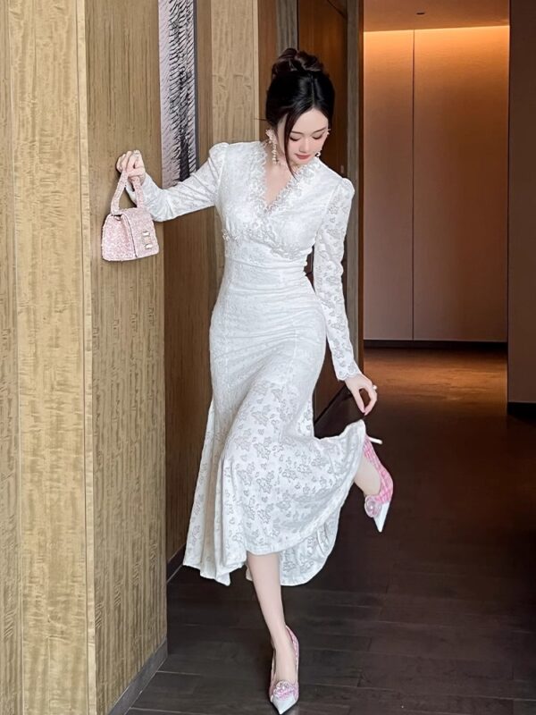 European station white moonlight first love dress for women in spring new long-sleeved lace V-neck slim hip fishtail long skirt - Image 5