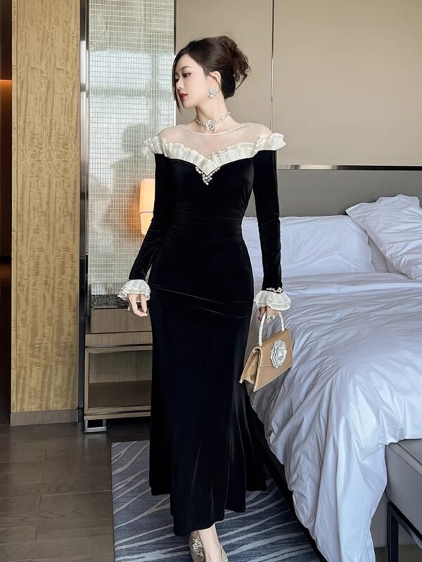 Waist-shoulder velvet long dress with black celebrity Hepburn style high-end slim fishtail skirt - Image 5