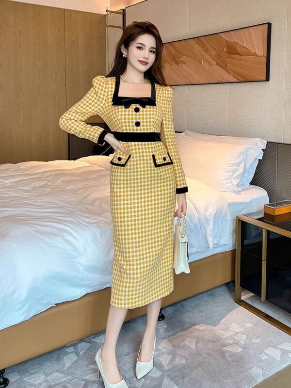 Plaid square collar small wool dress for women with autumn and winter waist slim bow temperament professional hip-pack skirt - Image 5