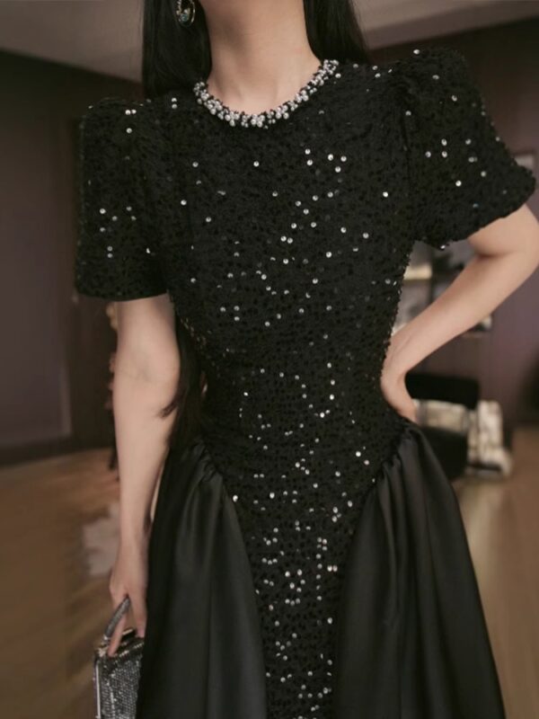 European black dress for women in summer new sequin banquet dress light luxury high-end waisted A-line short skirt - Image 5