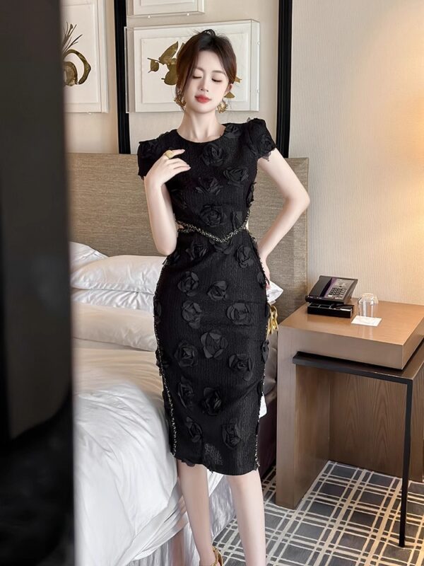 Round neck rose mid-length waist-length hip-pack skirt 2025 summer new slit high-waisted socialite slim dress - Image 5