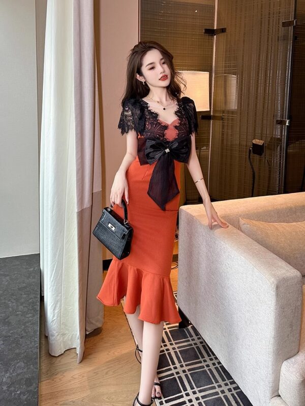 French light luxury dress for women in summer new V-neck splicing bow design sense hip-wrapped slim fish tail skirt - Image 5
