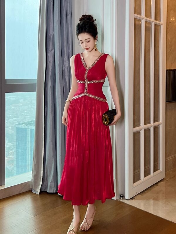 Red sleeveless dress for women, summer front and back double V-neck design, sexy lady style waist-hugging temperament slim dress long skirt - Image 5