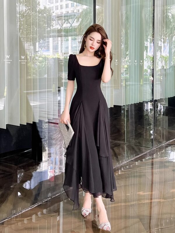 Black dress Women's summer new style high-quality texture square collar irregular waist-hugging and slimming A-line long skirt - Image 5