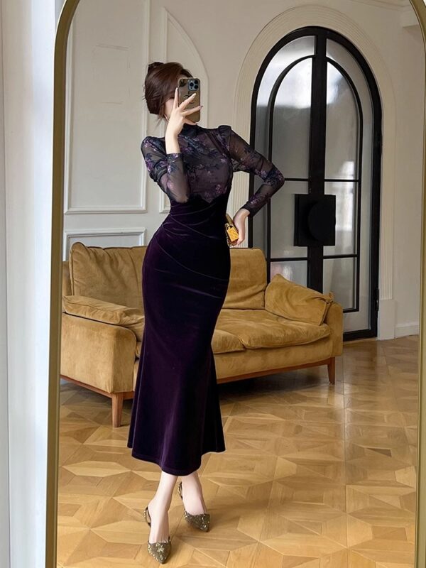 Retro fake two-piece dress for autumn women's velvet high-end dress floral purple slim hip fish tail long skirt - Image 5