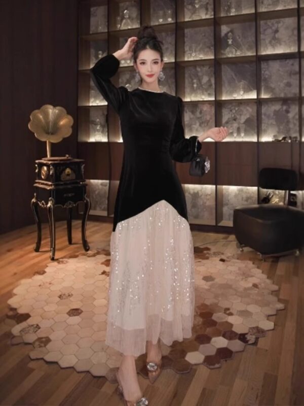 European black dress for women in autumn and winter coat with mesh sequins splicing to make them look slim and elegant dress long skirt - Image 5