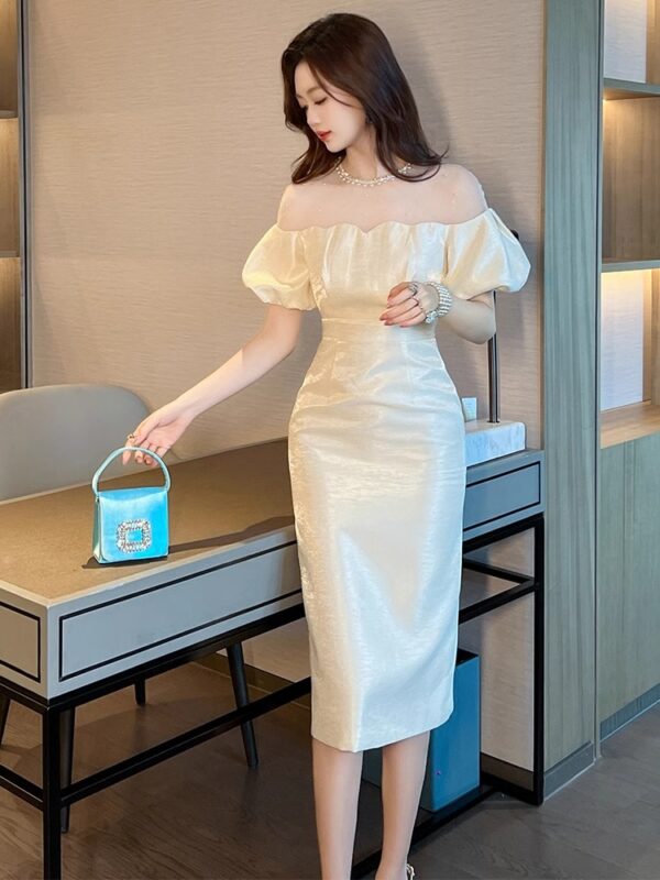 European station lace splicing dress for women in summer French puff sleeves elegant and decent mid-length skirt - Image 5