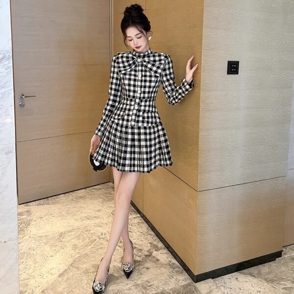 2025 autumn and winter new style for women's small fragrance style round neck bow waist slimming wool dress 80337 - Image 5
