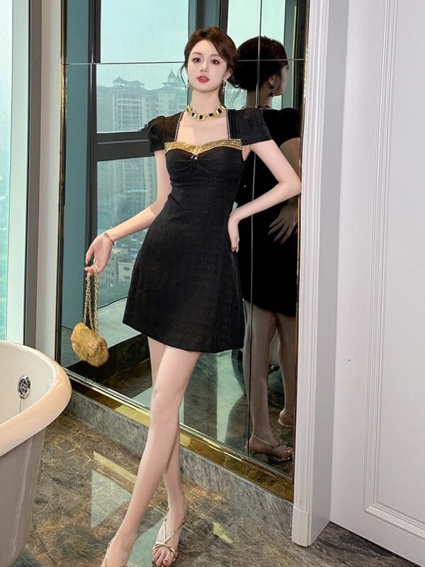 Fashionable slim goddess Fan Fangneck black skirt Summer new high-quality temperament small person with a high-sleeved short-sleeved dress - Image 5