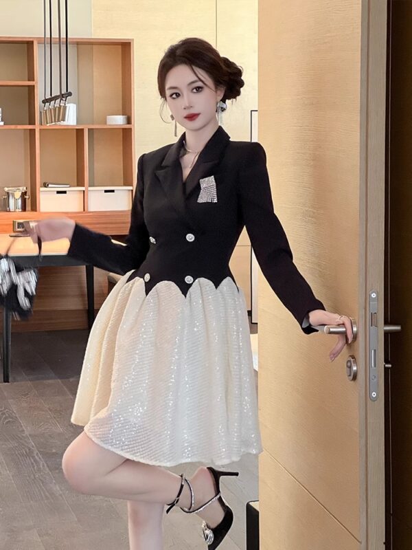 European station contrasting color splicing suit dress for women in early spring style, small commuting, slim temperament, waist-hugging A-line skirt - Image 5