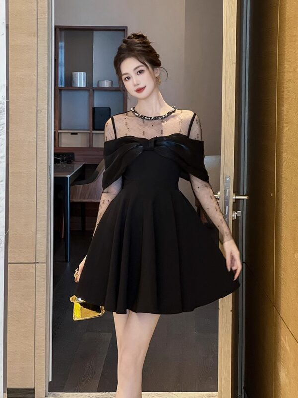 【Original Design】High waist A-line dress with autumn and winter slim high-end bow temperament short skirt small black skirt - Image 5