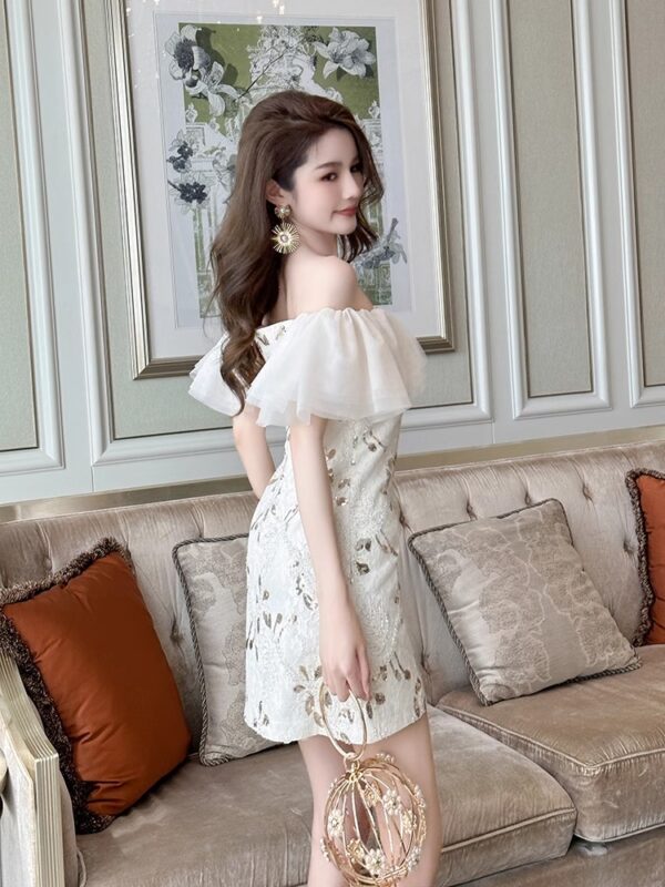 2025 summer new style small fragrance style sequined white dress temperament one-shoulder French birthday hip-pack dress - Image 5