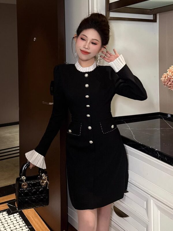 European station black dress for women 2025 new spring long-sleeved stand collar small fragrance style waist-hugging A-line dress skirt - Image 5