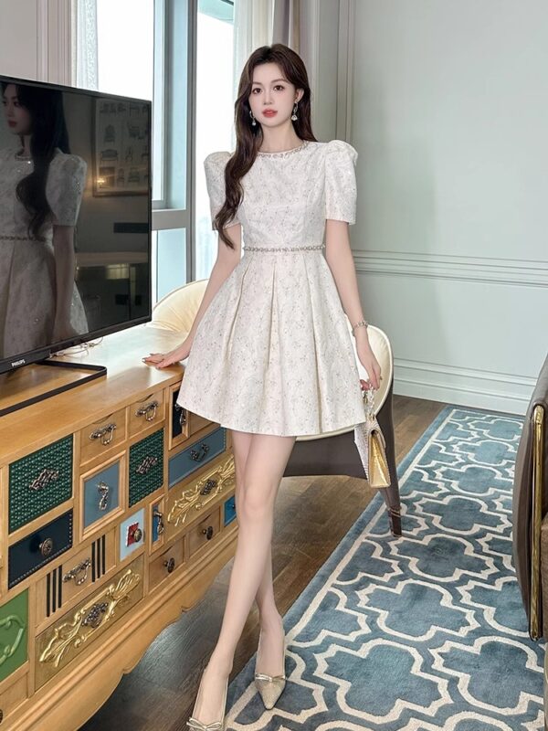 French heavy industry high-end exquisite banquet dress feminine luxury socialite style high short-sleeved A-line skirt summer - Image 5