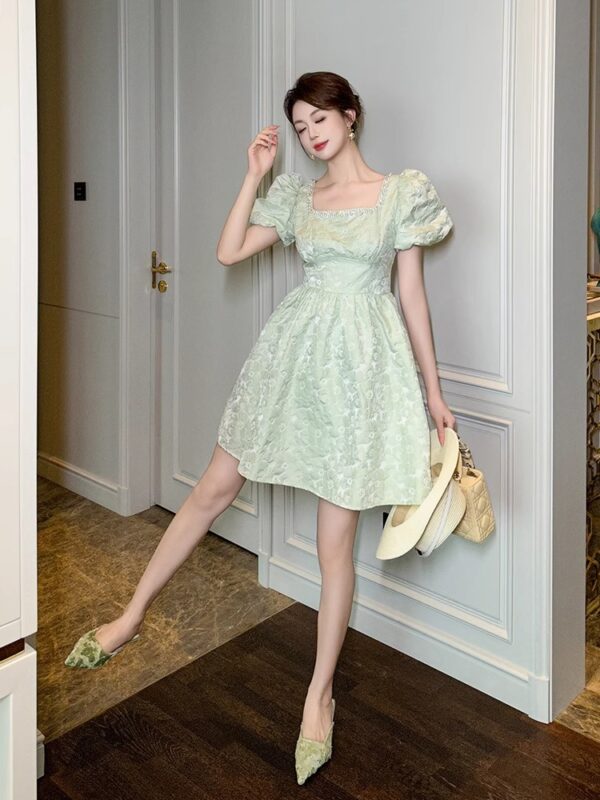 Mint green dress for women in summer 2025 new simple and elegant short puff sleeve square collar floral a-line skirt - Image 5