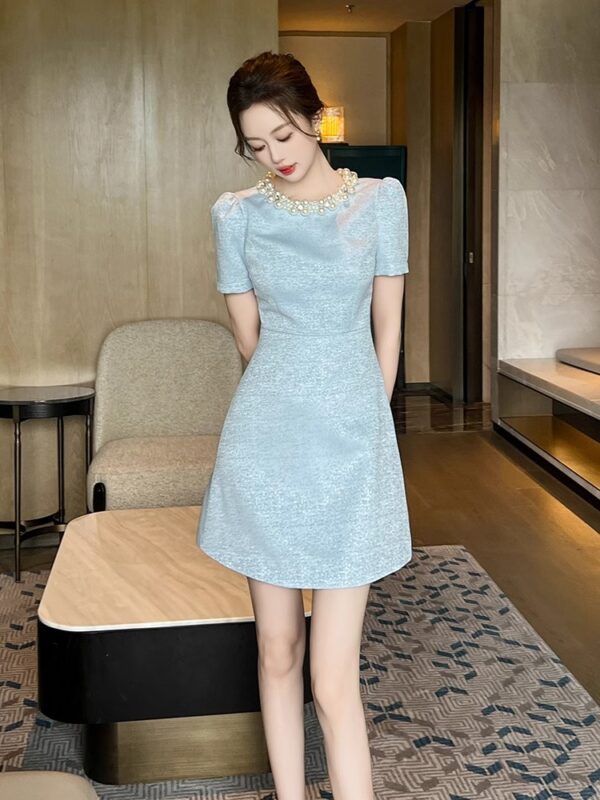 A-line dress with a celebrity girl with a waist 2025 new style women's summer French round neck beaded small temperament short skirt - Image 5