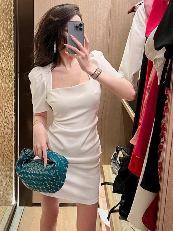 European station high-end square collar dress for women 2025 summer new small short-sleeved solid-color hip-pack skirt - Image 5