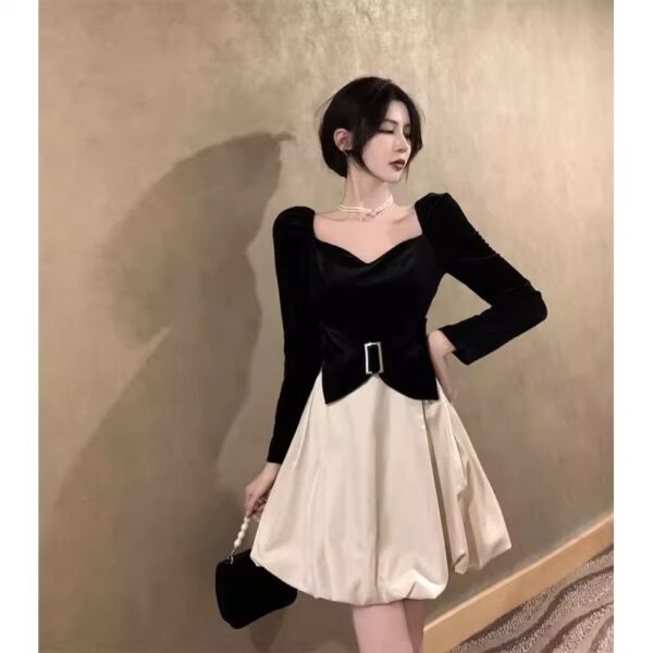 2025 autumn and winter new French Hepburn style fake two-piece skirt for women's temperament retro velvet fluffy dress trendy