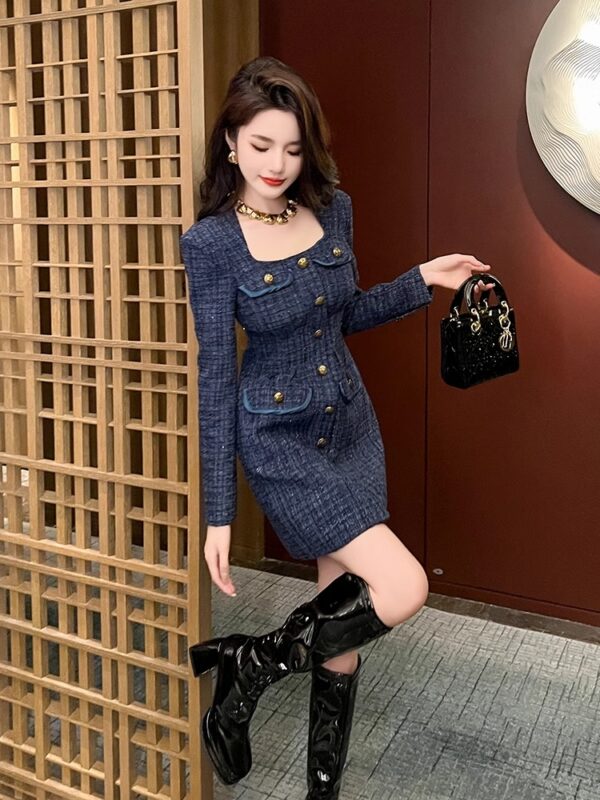 Xiaoxiangfeng long-sleeved dress 2025 new autumn and winter light luxury women's clothing slim French thick tweed hip skirt - Image 5