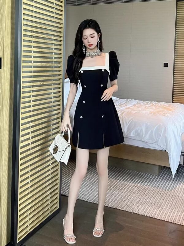 French high-end contrasting A-line dress for women in summer new square collar puff sleeve waist-hugging small hip-pack skirt - Image 5
