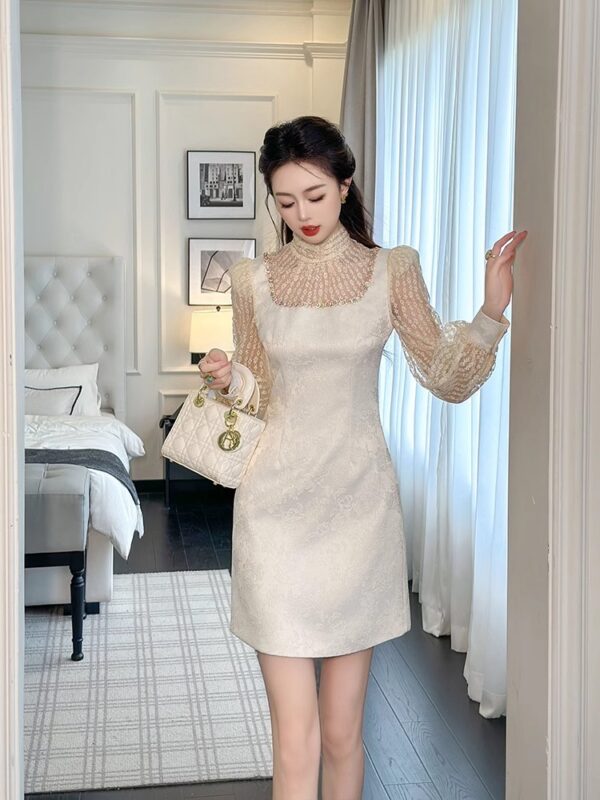 High-end light luxury dress 2025 new style for women's spring and autumn socialite temperament lantern long sleeve waist-hugging A-line princess short skirt - Image 5