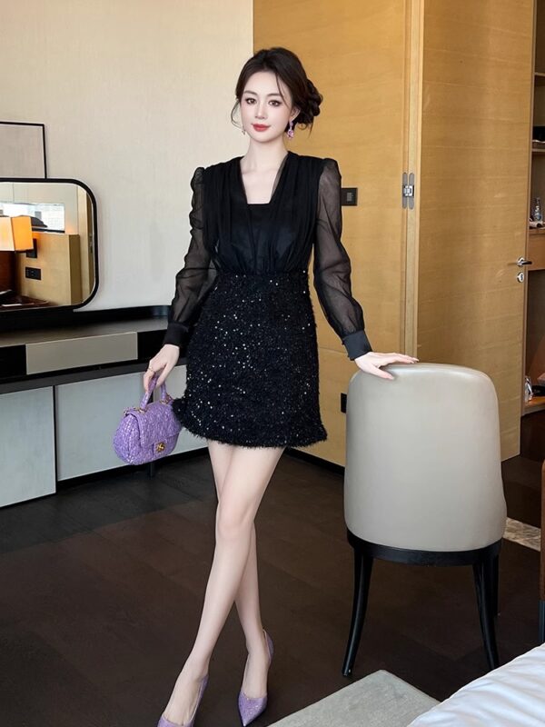 Woolen sequin design is beautiful black dress with a niche and no match for high-end temperament. The A-line dress - Image 6