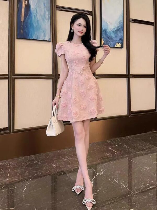 European station pink flower dress for women in summer 2025 new sweet temperament waist-hugging A-line skirt birthday dress - Image 6