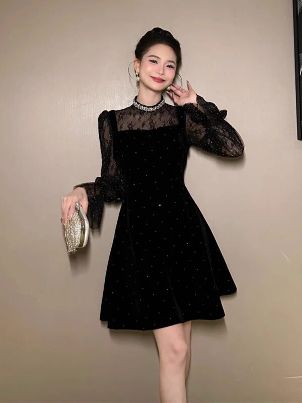 European station A-line dress for women autumn and winter lace spliced ​​velvet French socialite birthday party dress skirt - Image 6