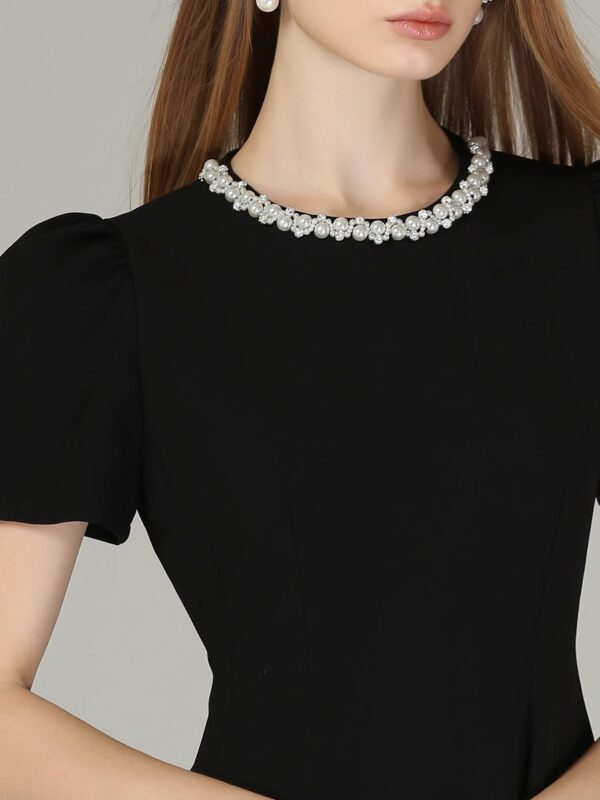 DONEED2025 spring and summer new elegant small fragrance style light luxury heavy industry beaded round neck waist-hugging slim dress for women - Image 6
