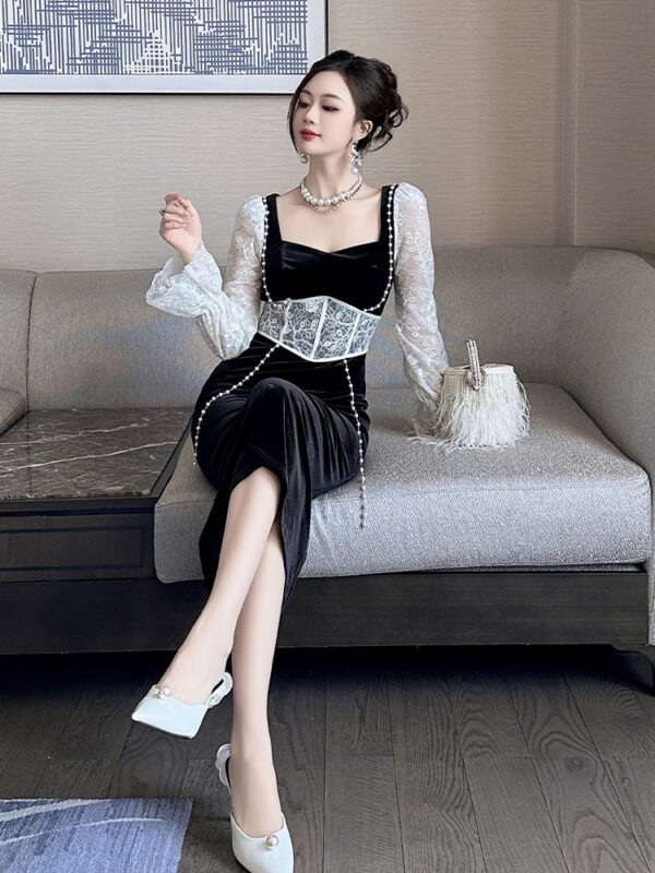 European sexy dress spring long-sleeved women's lace spliced ​​velvet square neck temperament slim hip-pack skirt - Image 6