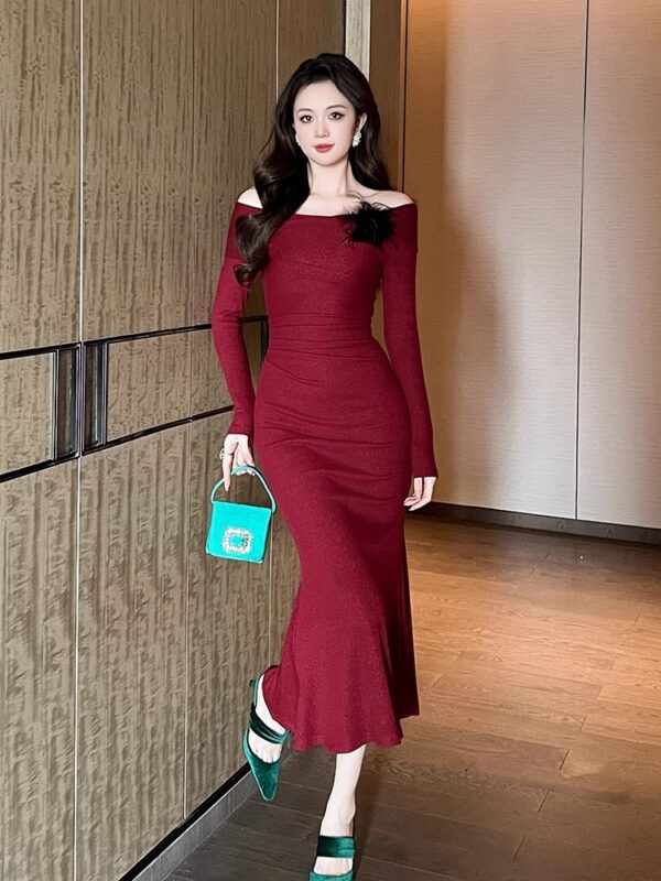 French one-shoulder red long skirt for women in autumn and winter new slim slim fishtail dress high-end light luxury dress - Image 6