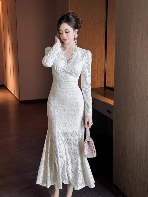 European station white moonlight first love dress for women in spring new long-sleeved lace V-neck slim hip fishtail long skirt - Image 6