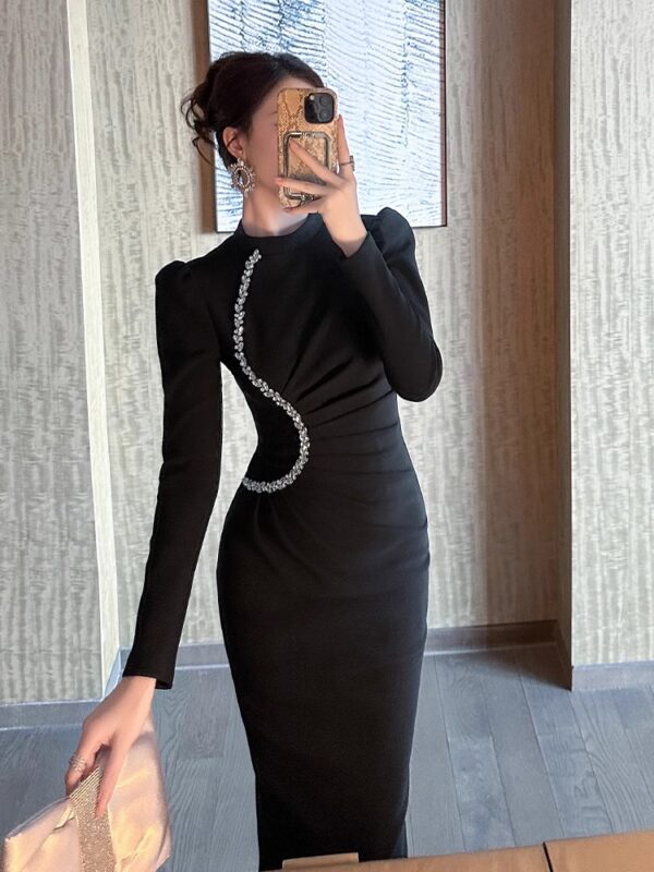 European station black sexy dress for women in spring long-sleeved niche without a match, making them look slim and slit hip-packing skirt - Image 6