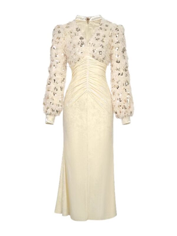 High-end sequin dress 2025 spring new style women's French exquisite V-neck puff sleeve slim velvet dress - Image 6